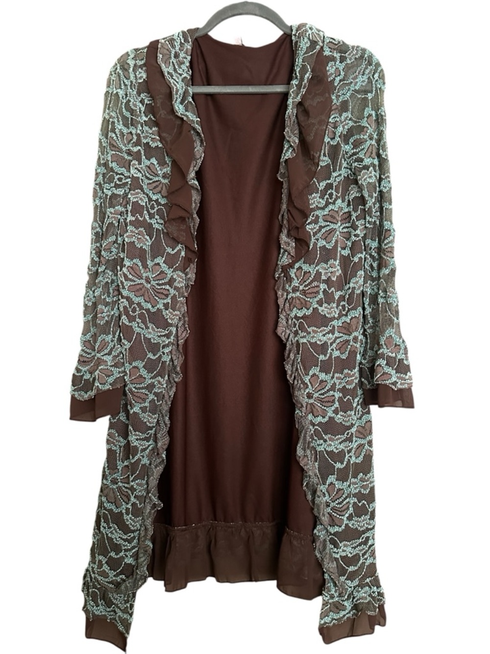 Vtg Lace Chenille Long Duster Jacket Floral Kimono Flowy Festival Boho Hippie XL
